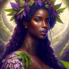 Illustrated portrait of woman with purple flowers, ethereal sparkles, and ornate gold detailing