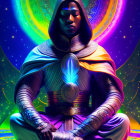 Colorful digital artwork of meditative figure in Egyptian pharaoh attire