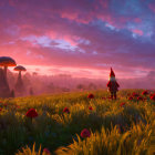 Gnome in Field of Red-Capped Mushrooms at Sunset