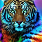 Colorful Digital Art: Tiger with Intense Blue Eyes and Vibrant Fur