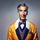 Portrait of a man with gray hair in orange jacket and blue vest