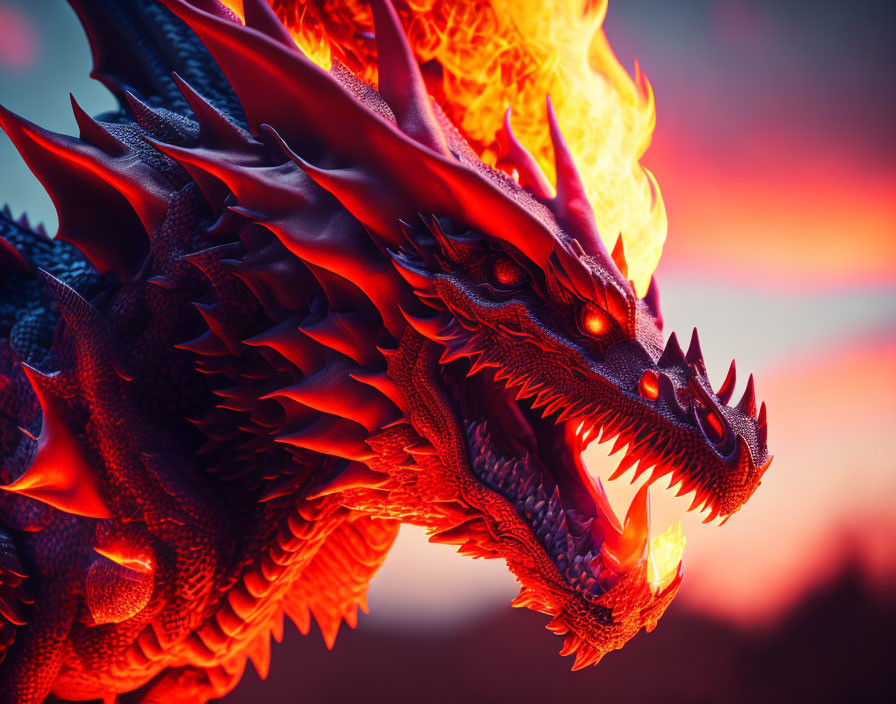 Fiery red dragon breathing flames at vibrant sunset sky