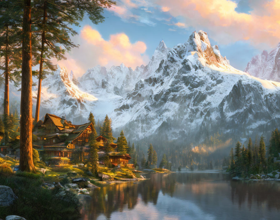 Wooden cabin by serene lake with snow-capped mountains at sunset