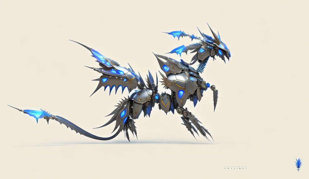 Mechanical dragon with metallic body and blue accents