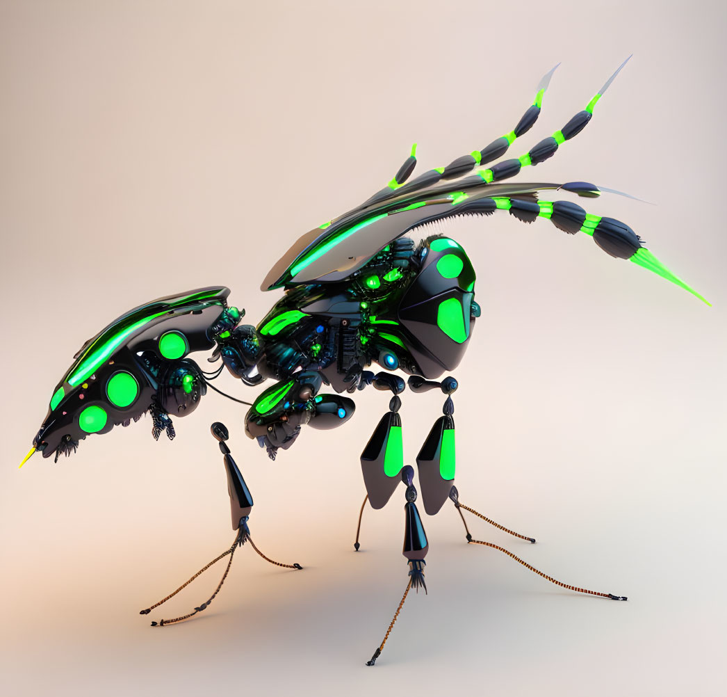 Mechanized insect with glossy green and black exoskeleton.