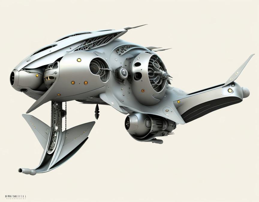 Detailed Metallic Fish-Shaped Aircraft with Propellers on Pale Background