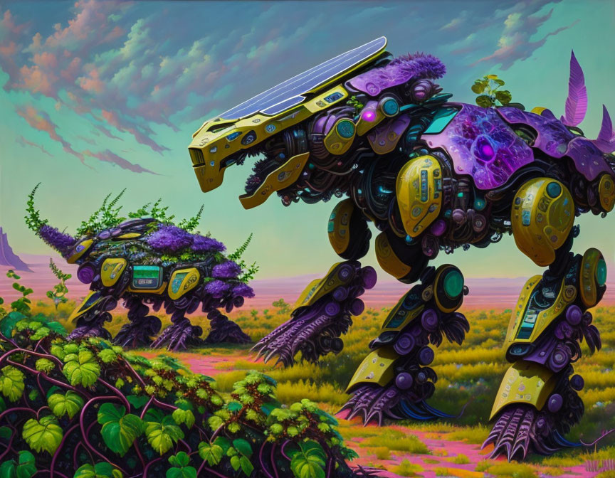 Colorful Artwork: Purple and Yellow Mechanical Dinosaur Creatures in Alien Landscape