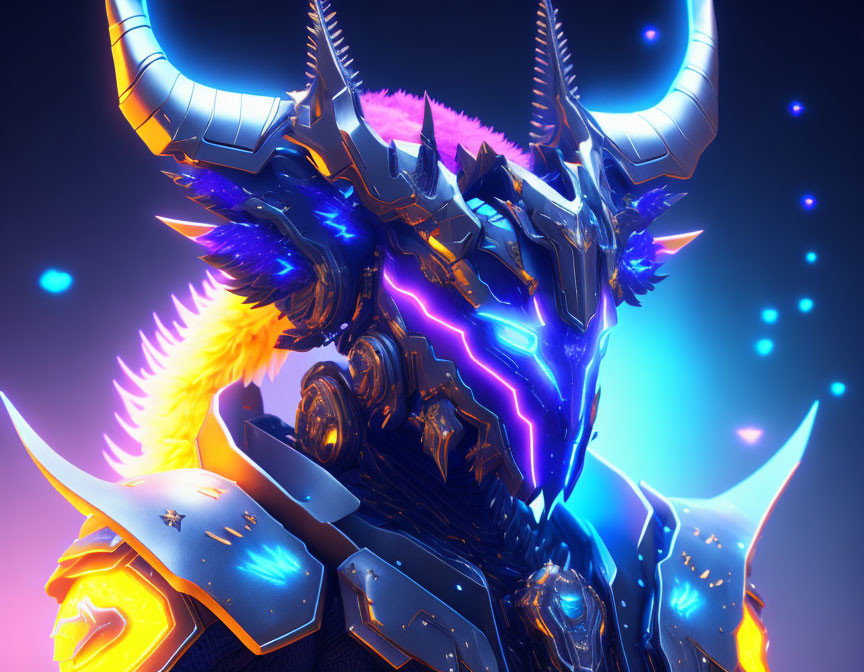 Futuristic warrior in neon armor with dragon helmet