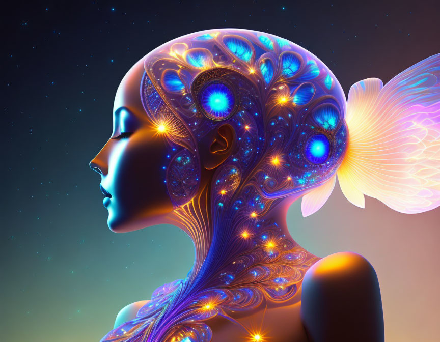 Vibrant digital artwork: Female profile, intricate patterns, glowing elements, starry night.