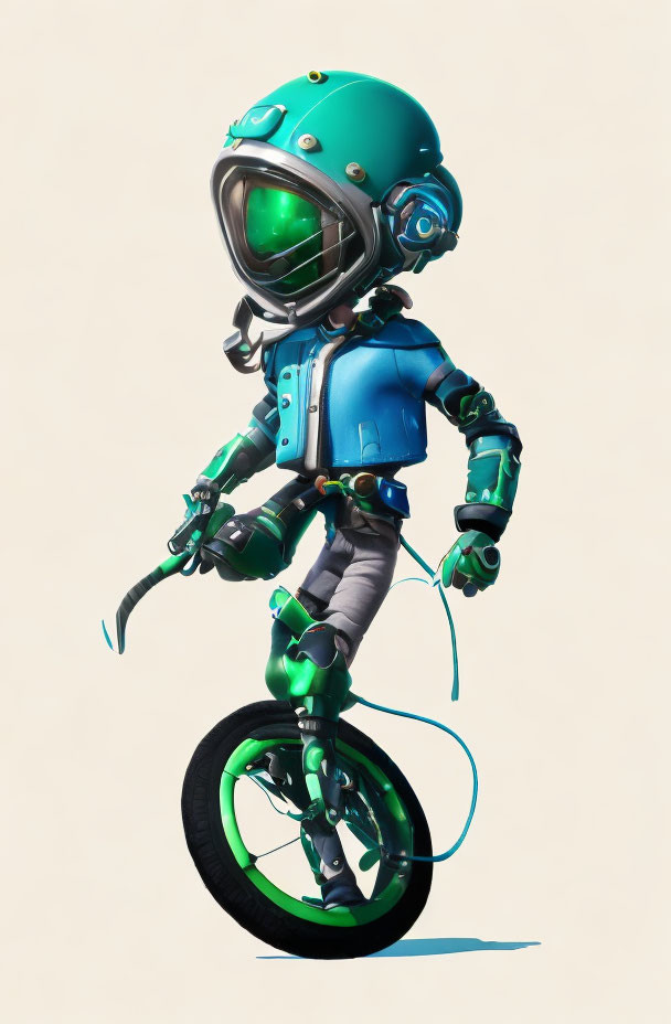 Character in Blue Space Suit on Futuristic Unicycle with Neon Accents