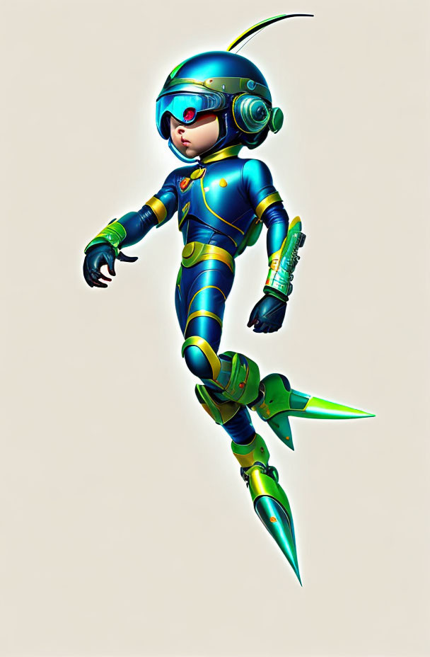 Futuristic child astronaut in blue and gold suit with green boots