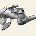 Detailed Metallic Fish-Shaped Aircraft with Propellers on Pale Background