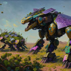 Colorful Artwork: Purple and Yellow Mechanical Dinosaur Creatures in Alien Landscape