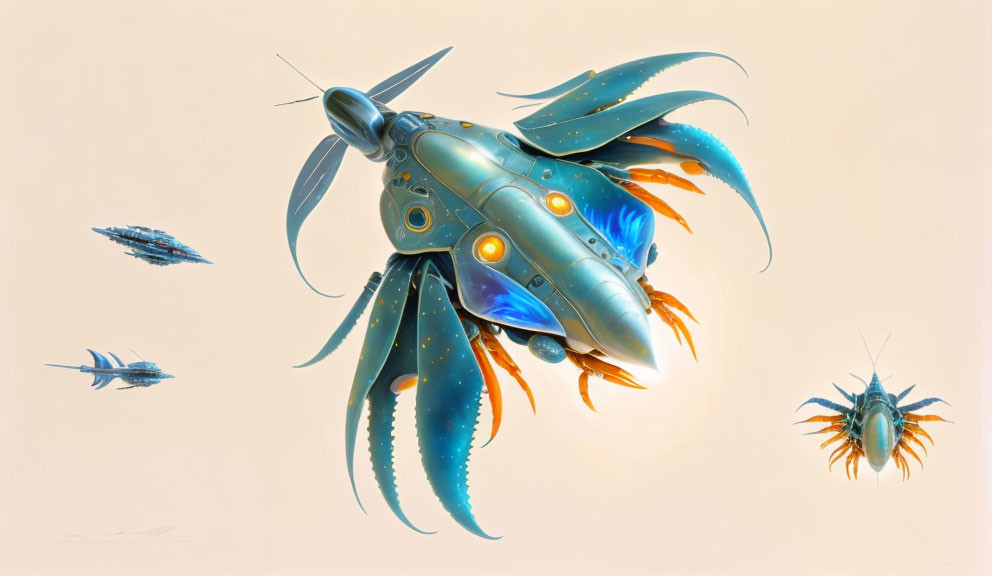 Mechanical squid-like creatures with blue and orange designs on a pale background.