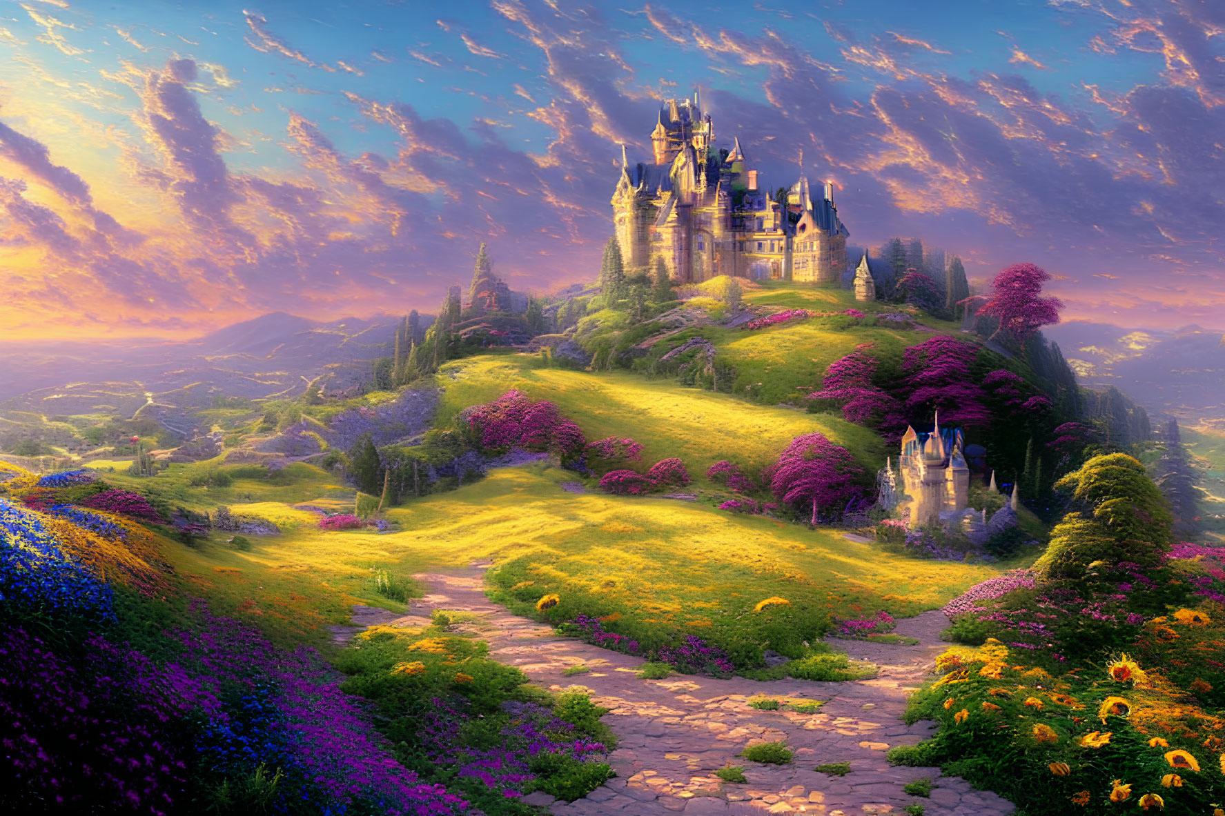 Whimsical castle on lush hill with vibrant flowers and sunset sky