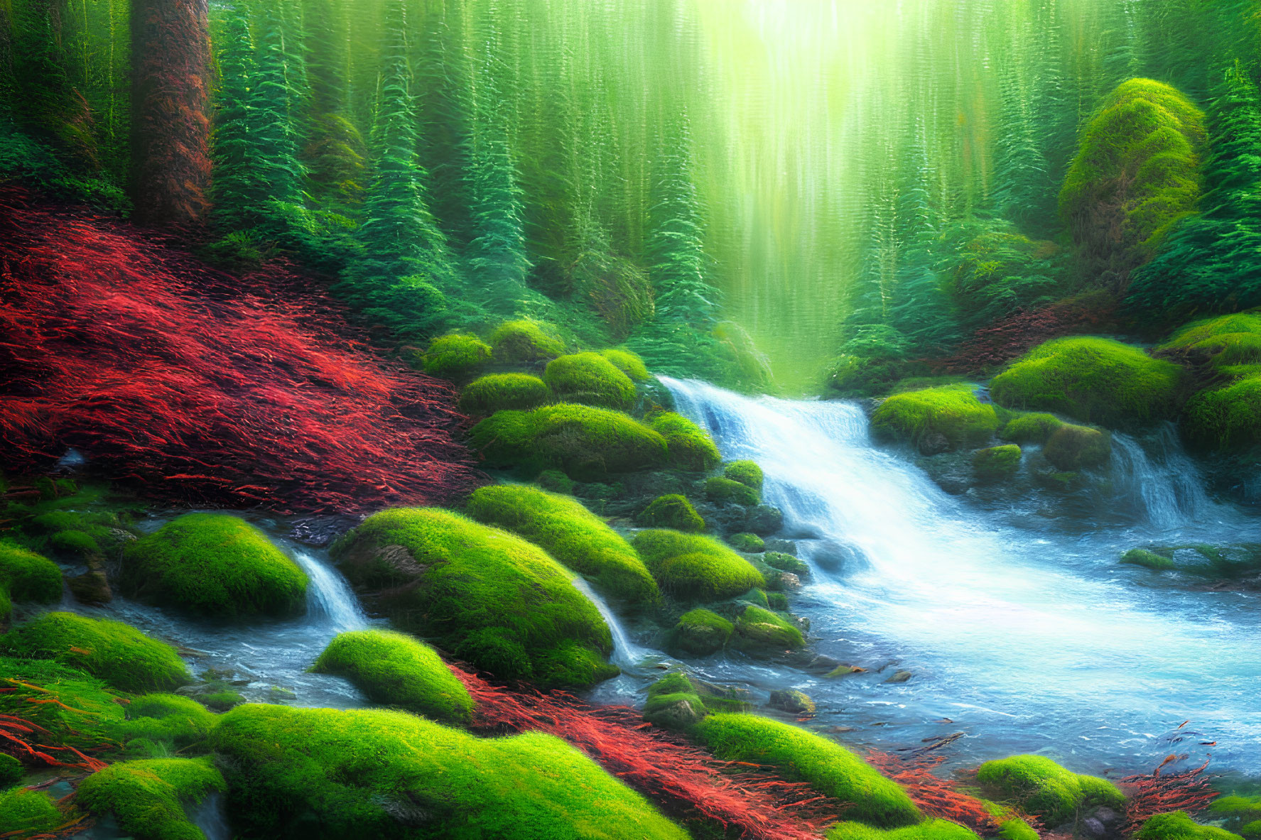 Tranquil forest landscape with moss-covered rocks, waterfall, sunlight beams, and red foliage