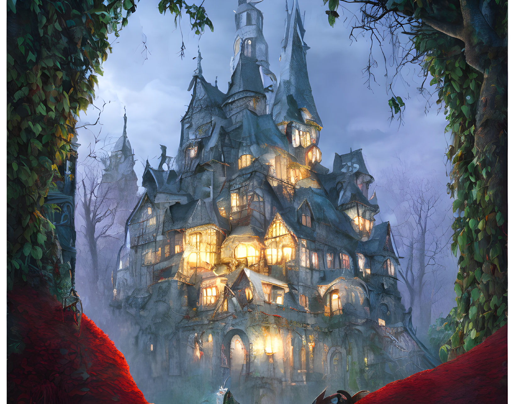 Enchanted multi-tiered mansion in twilight forest with glowing windows