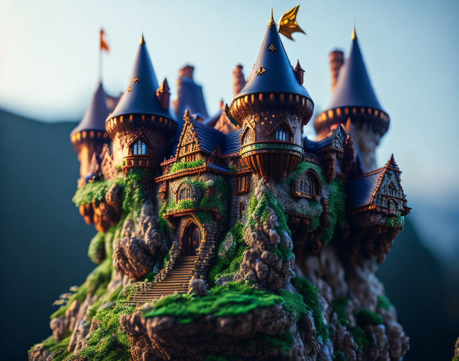 Detailed miniature fantasy castle with multiple spires on rocky outcrop