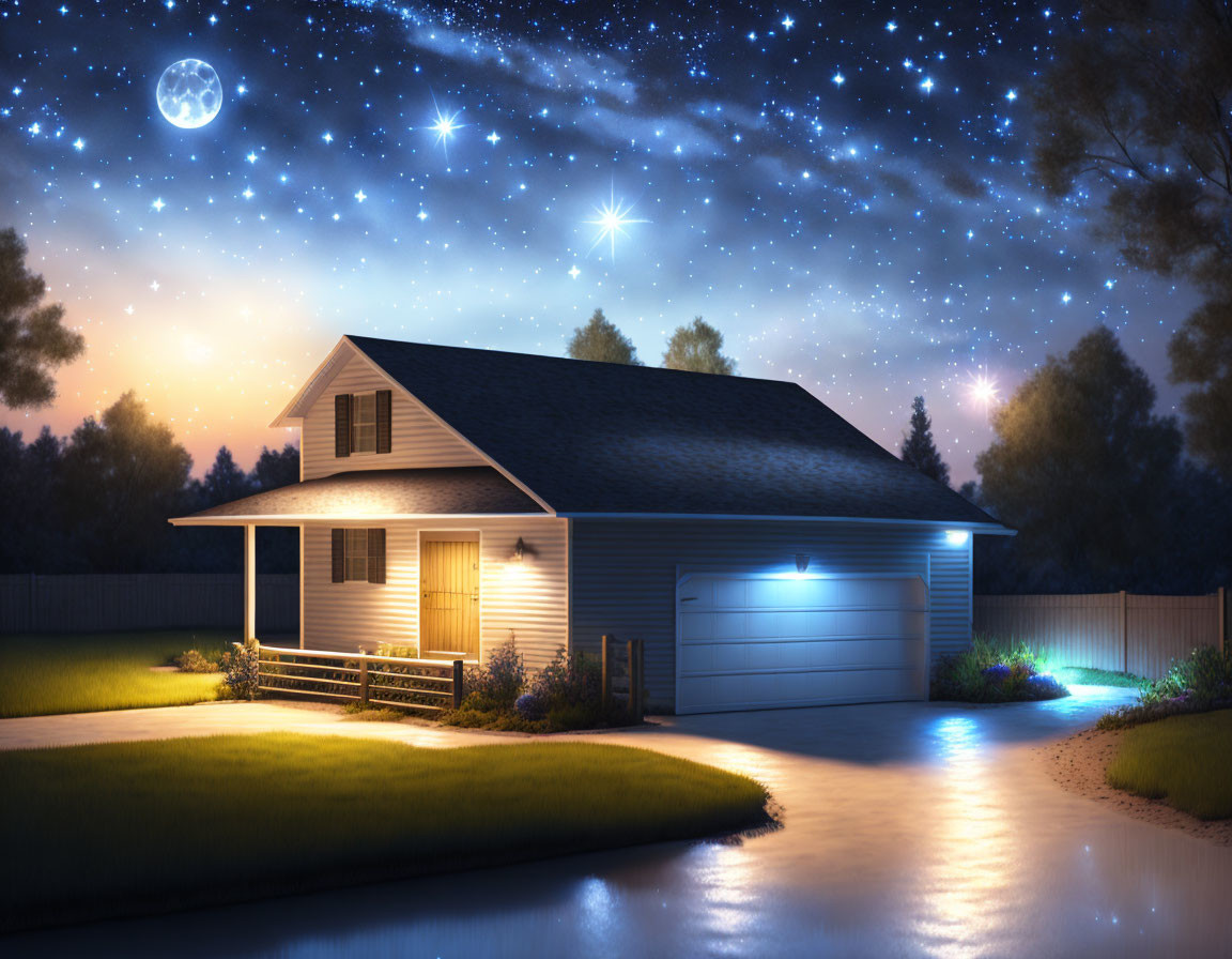 Suburban house at night with illuminated porch light, garage, and pathway under starry sky and full