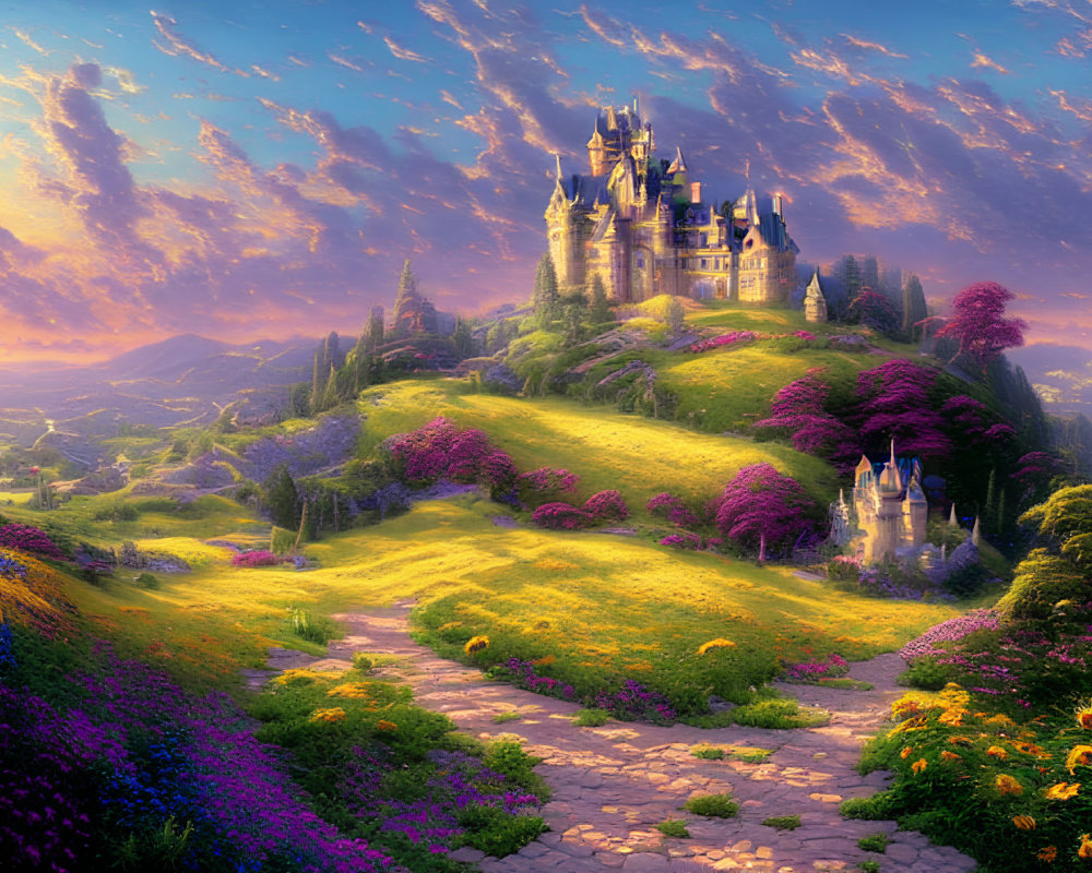 Whimsical castle on lush hill with vibrant flowers and sunset sky