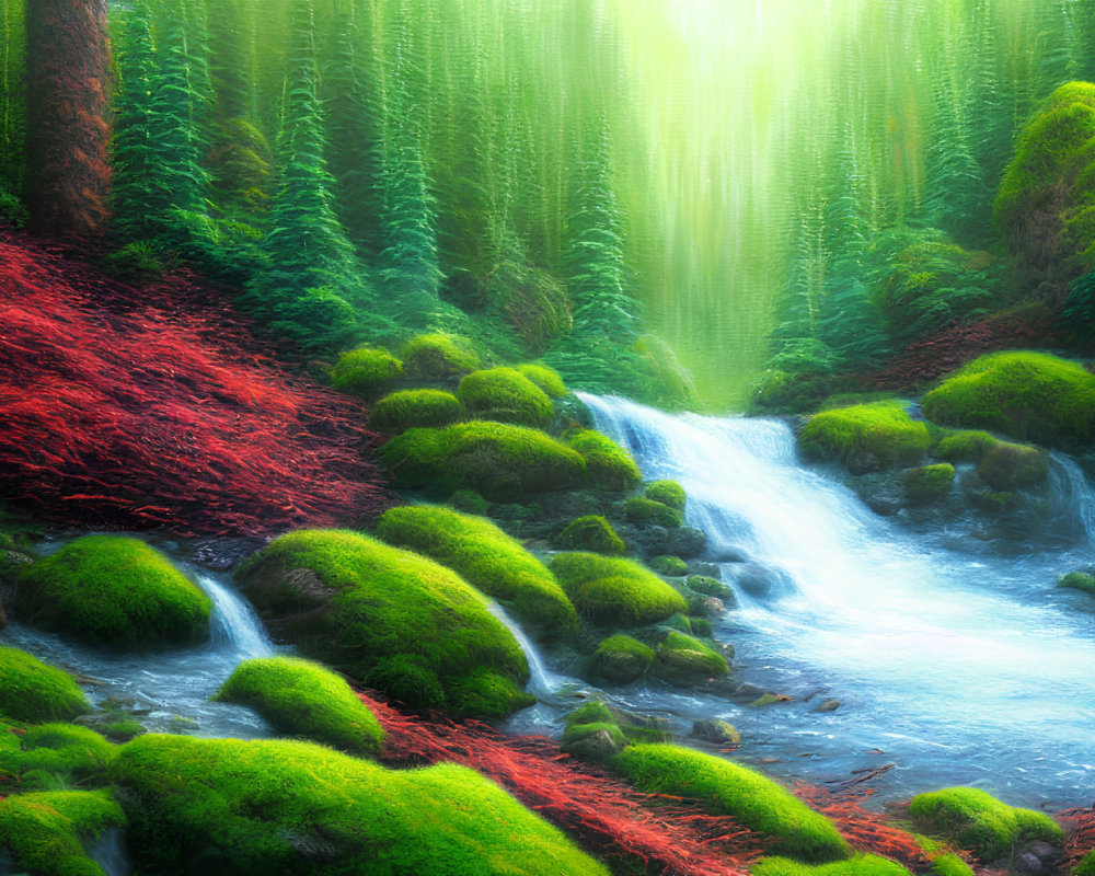 Tranquil forest landscape with moss-covered rocks, waterfall, sunlight beams, and red foliage