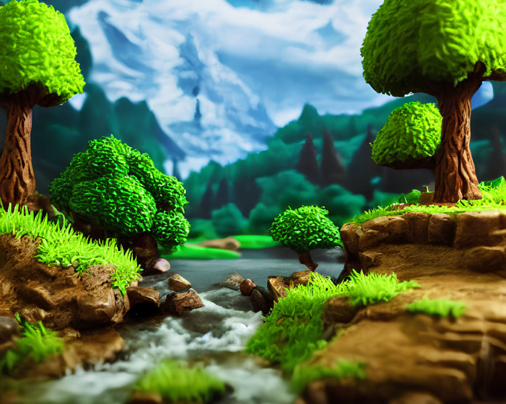 Miniature landscape with flowing stream and dramatic skies