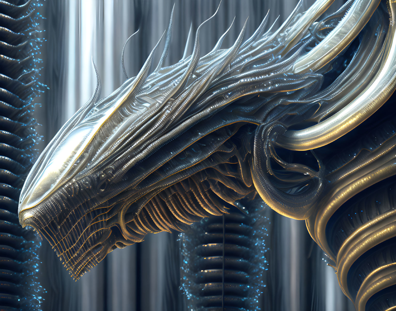 Detailed Metallic Dragon Head Against Futuristic Ribbed Structures