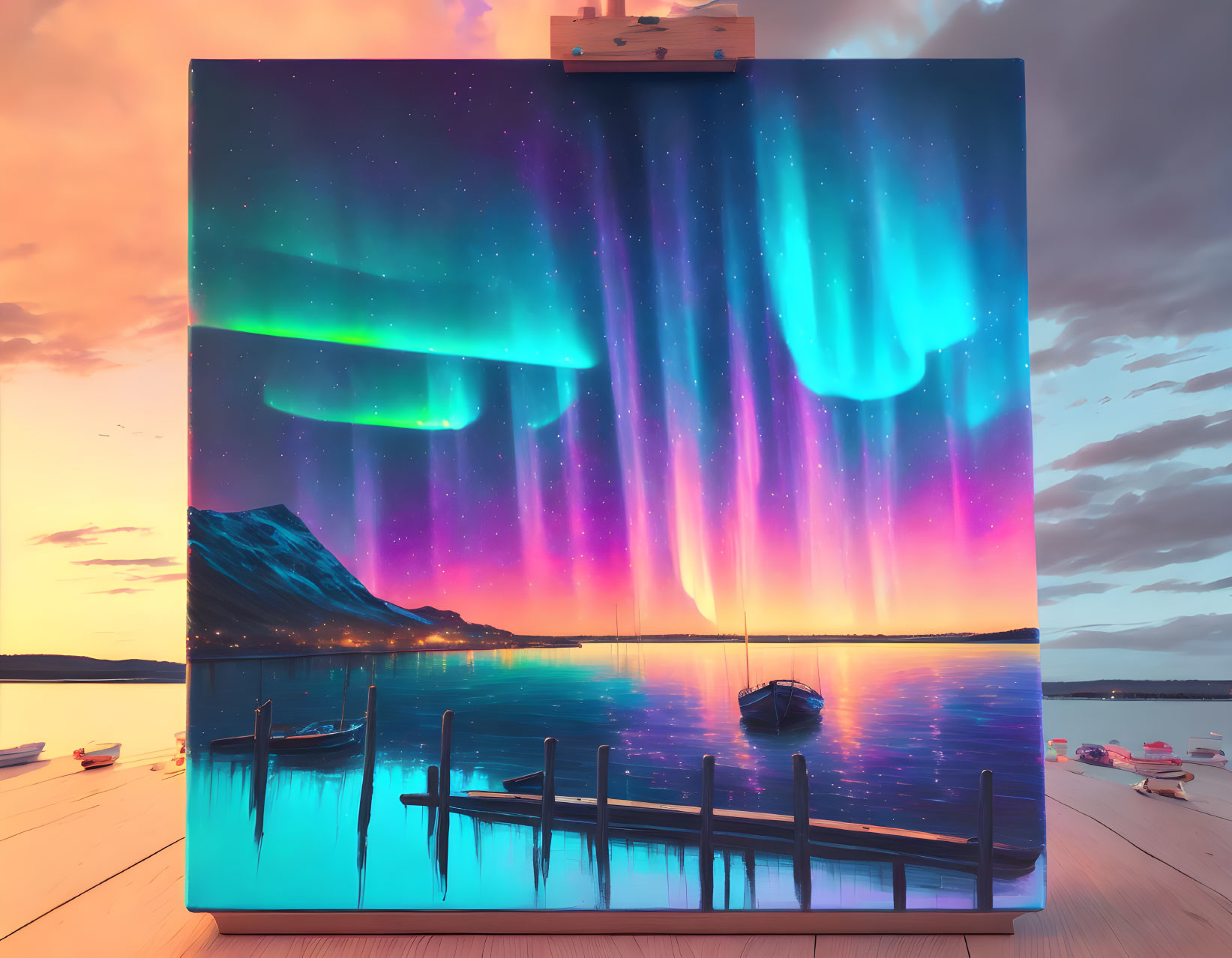 Scenic painting of aurora borealis over lake, boat, docks, and mountains at sunset