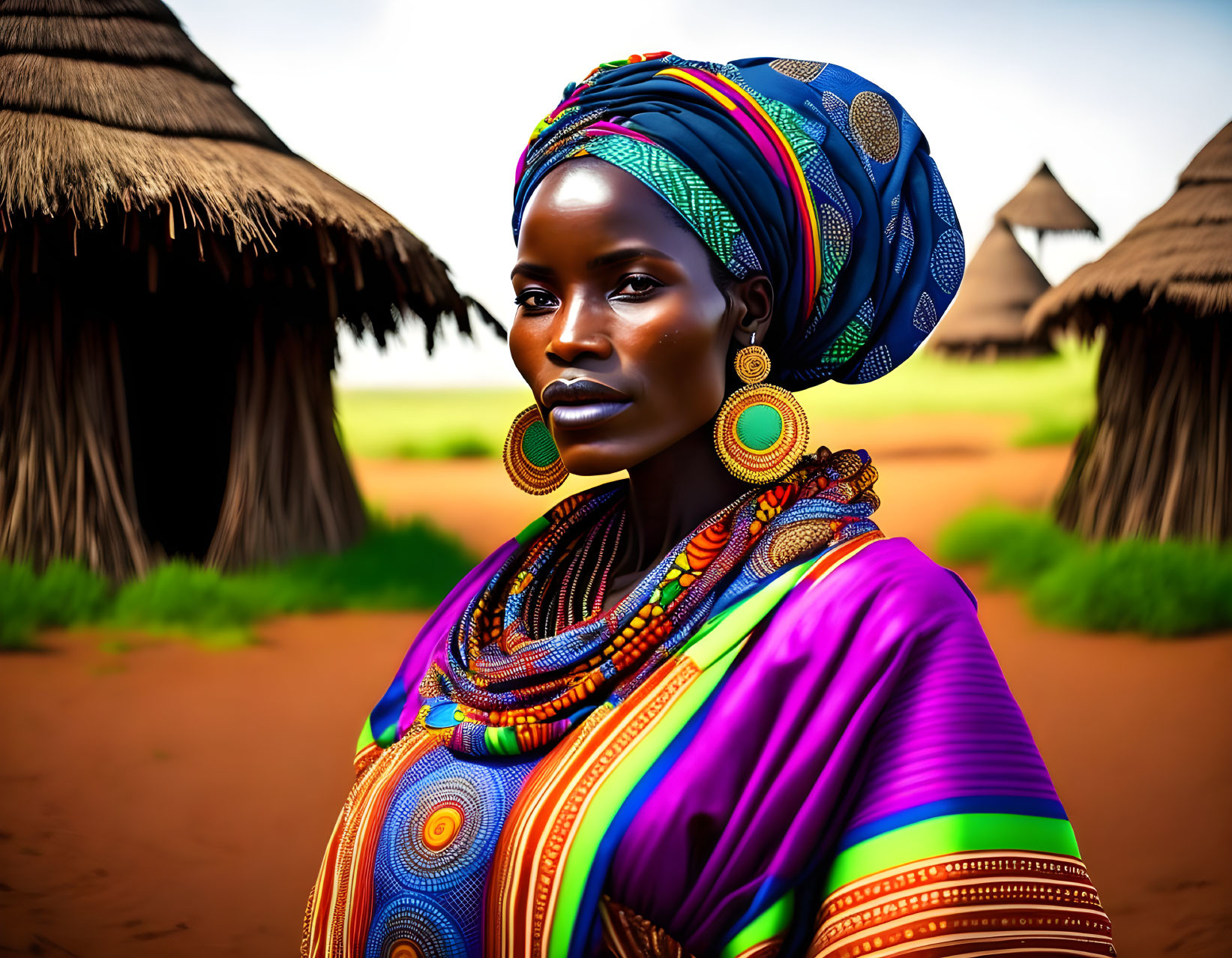 Traditional African Attire Woman Standing by Thatched Huts