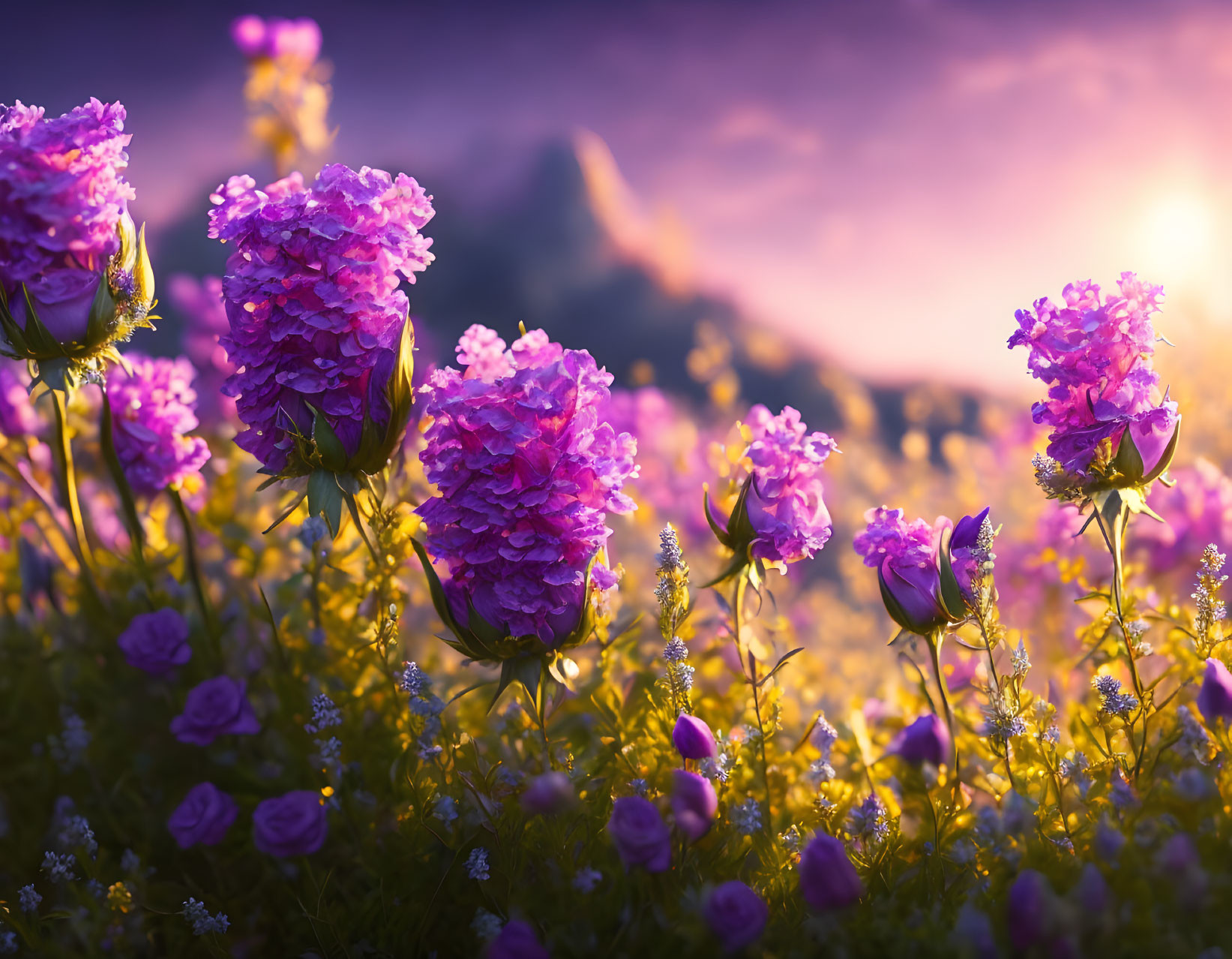 Majestic mountain with purple flowers under sunset sky