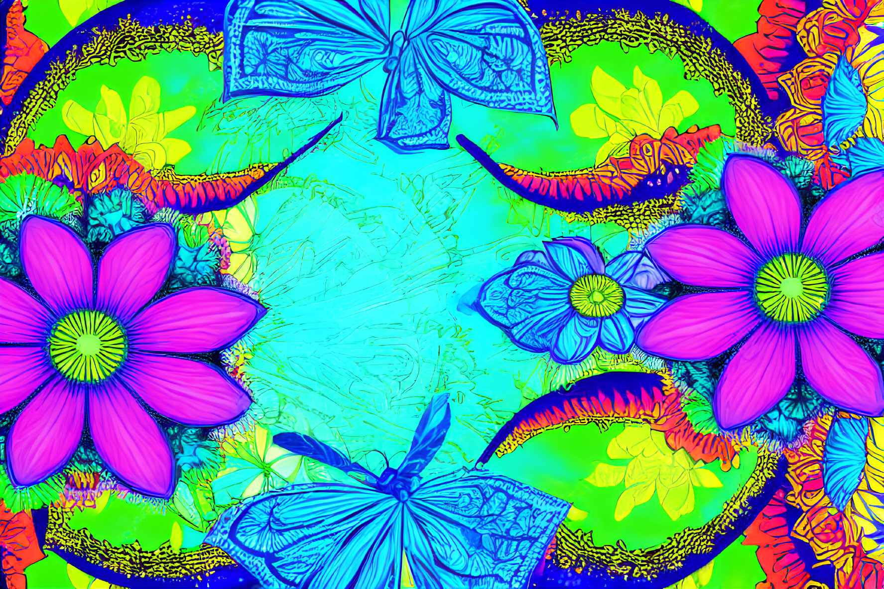 Colorful psychedelic image with flowers, butterflies, and intricate patterns