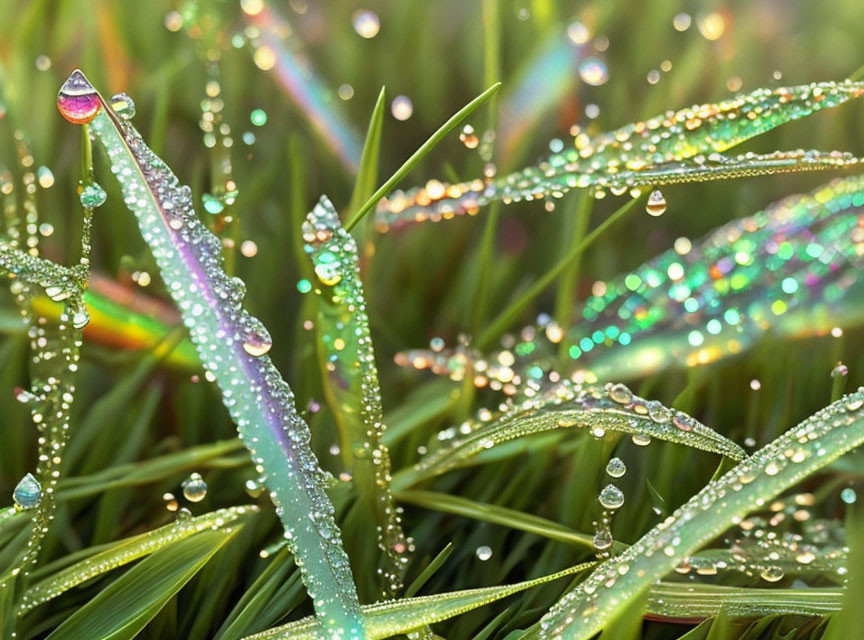 Vibrant spectrum of colors on dew-covered grass blades