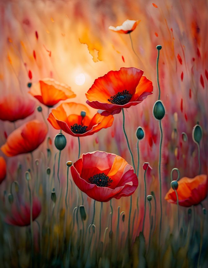 Bright red poppy flowers with dark centers on fiery orange backdrop