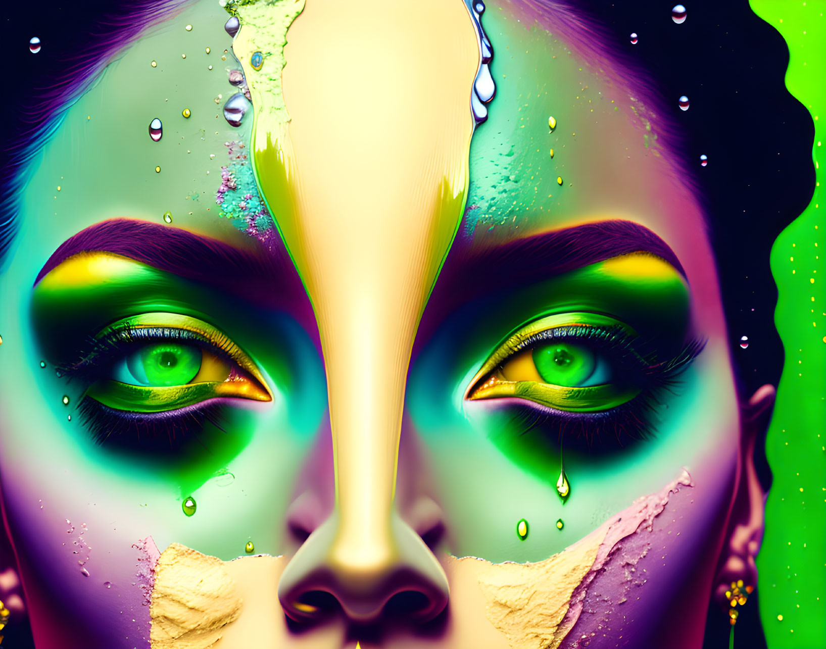 Vivid surreal portrait with green and purple hues and luminescent green eyes