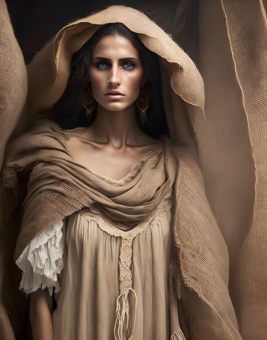 Intense gaze woman in beige shawl, cream dress, lace details, large circular earrings