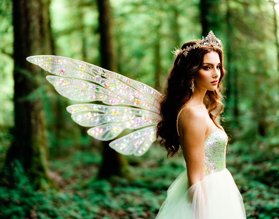 Woman in fairy costume with ornate wings and tiara in sunlit forest