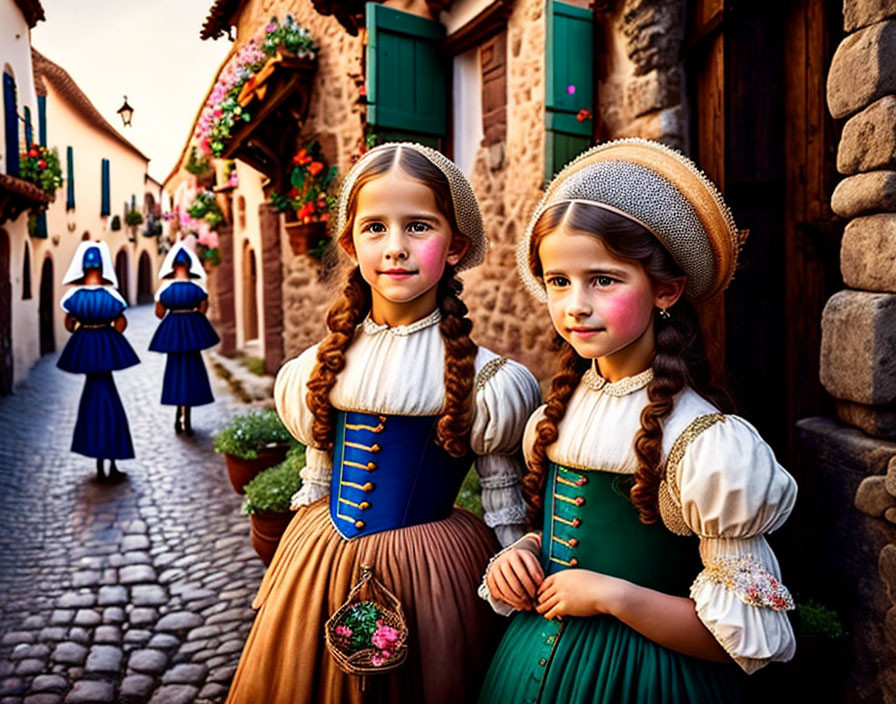 Traditional dressed girls on cobblestone street with flower decorations