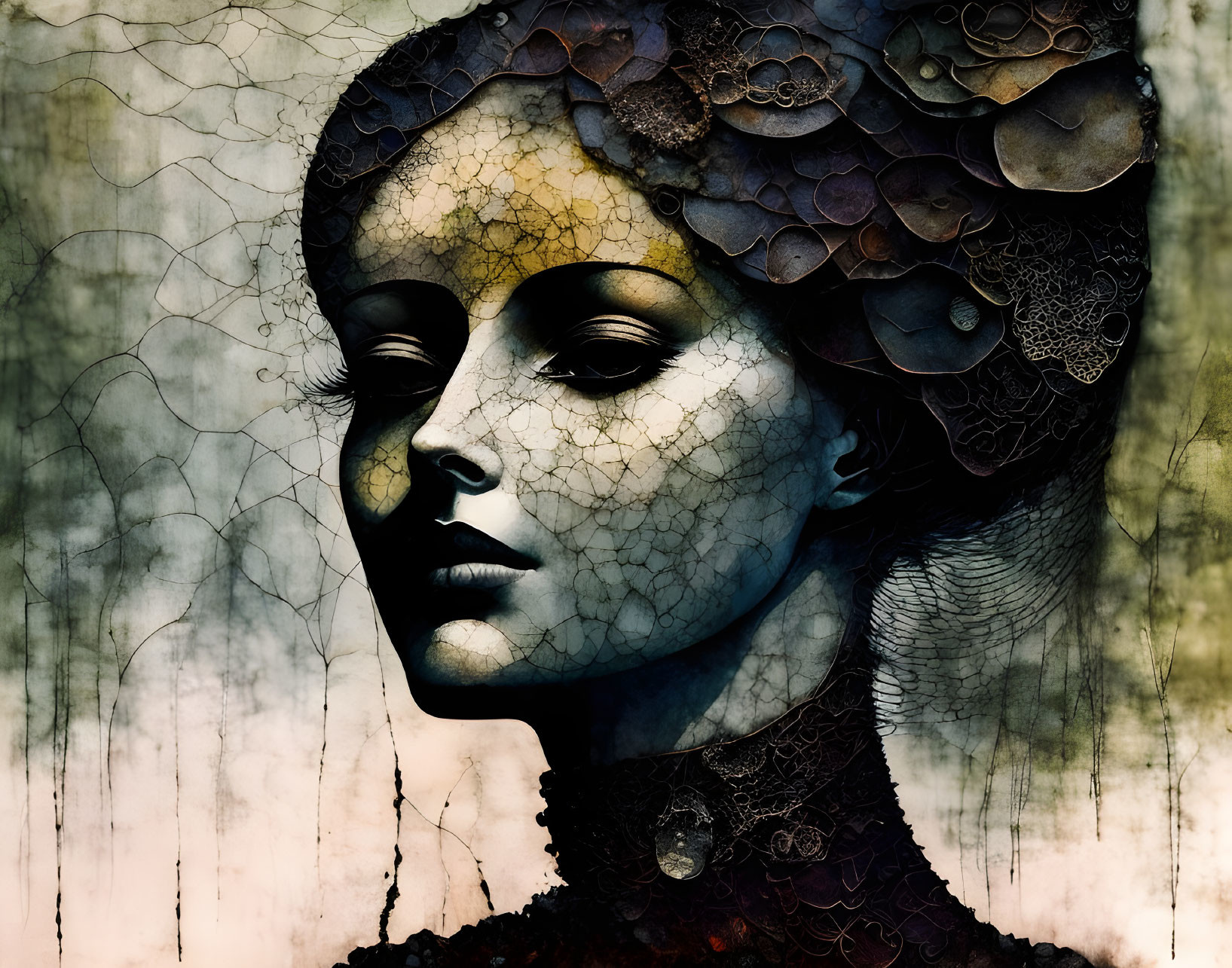 Stylized cracked porcelain woman with floral headpiece on golden backdrop