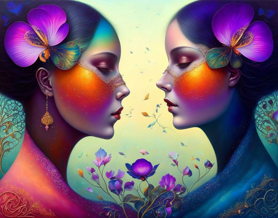 Symmetrical female faces with vibrant colors, flowers, butterflies, and petals on floral backdrop