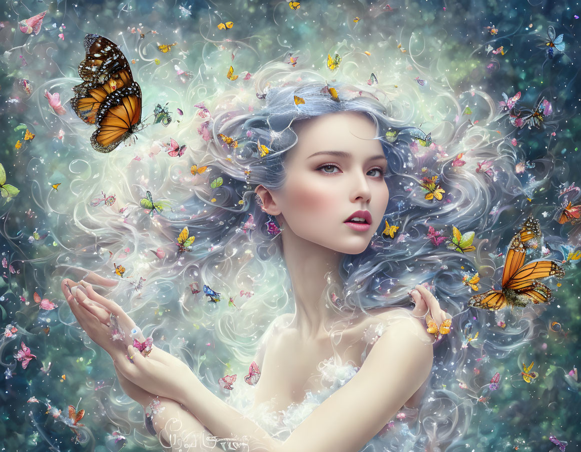 Colorful butterflies and floral motifs surround a dreamy female figure