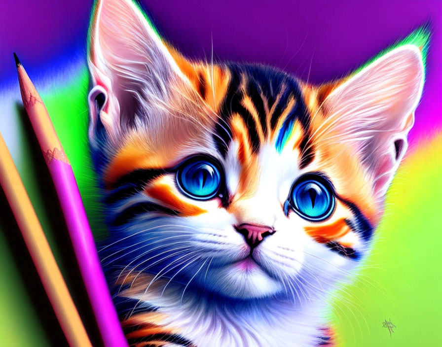 Colorful Digital Artwork: Kitten with Blue Eyes and Pencils