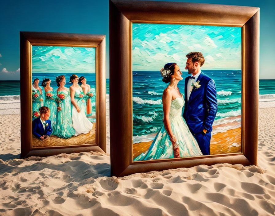 Framed beach paintings: Wedding couple & party with ocean backdrop