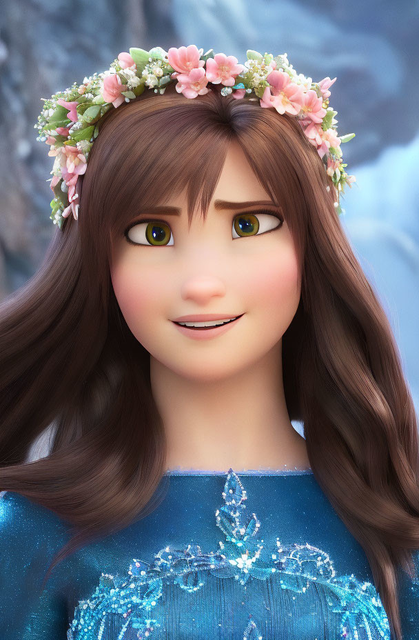 Cartoon character with big green eyes, floral headband, blue dress, and snowflake details.