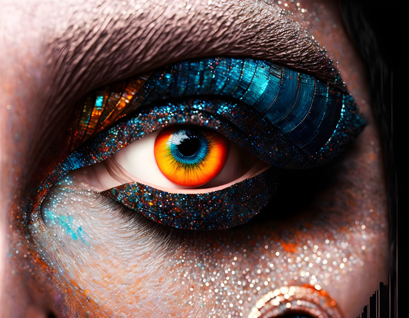 Close-Up of Eye with Orange Iris & Blue Glitter Eyeshadow