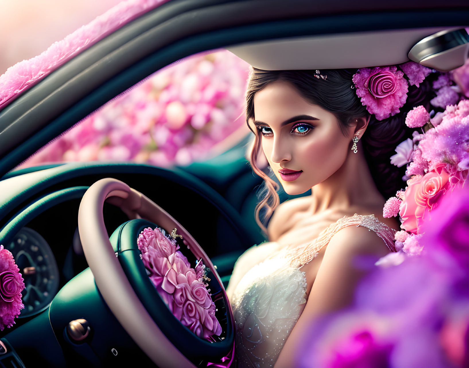 Bride in decorated car with pink flowers and blue eyes in elegant makeup