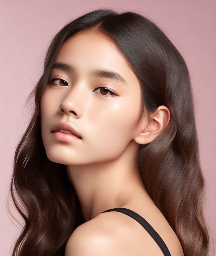 Young woman portrait with long wavy hair and subtle makeup on soft pink background