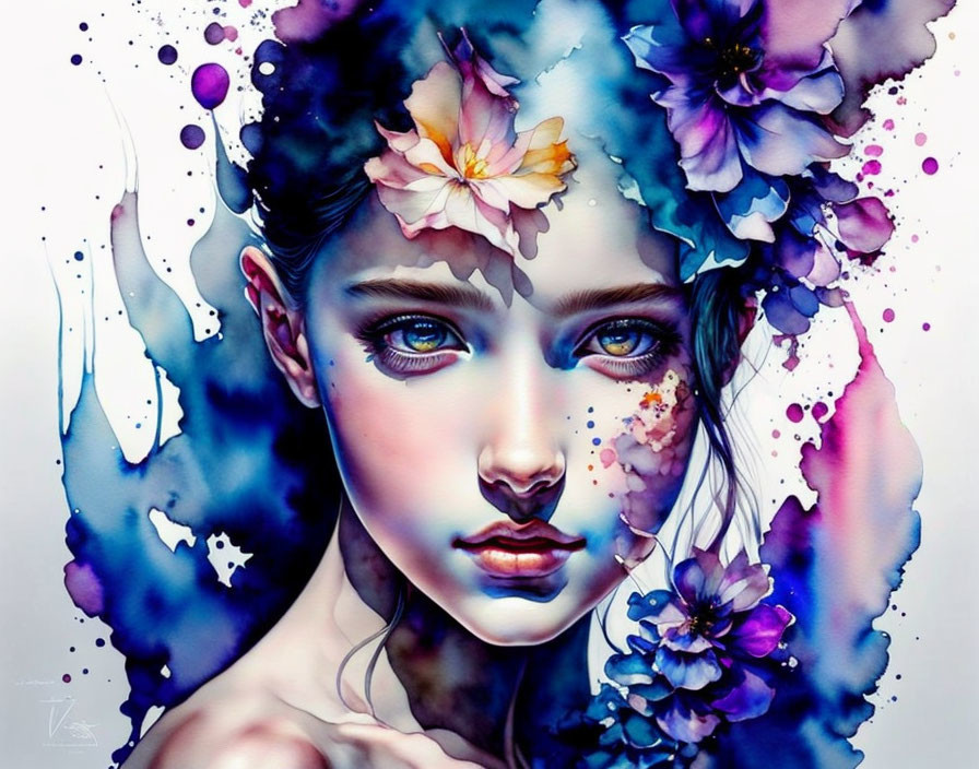 Vibrant digital artwork: Woman with floral hair in blue and purple.