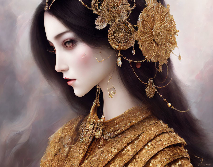 Detailed illustration of woman in golden jewelry and headdress