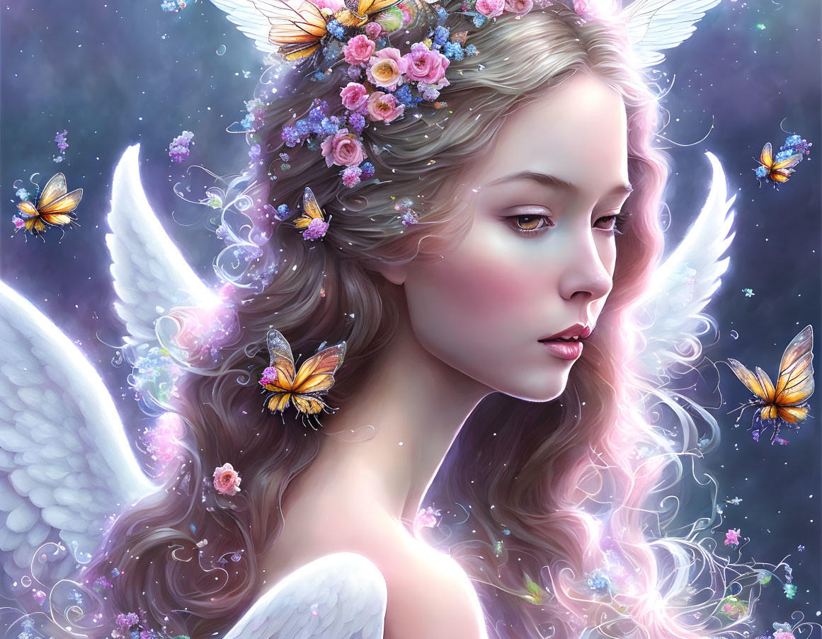 Fantastical female figure with angel wings, butterflies, and floral headpiece in starlit setting