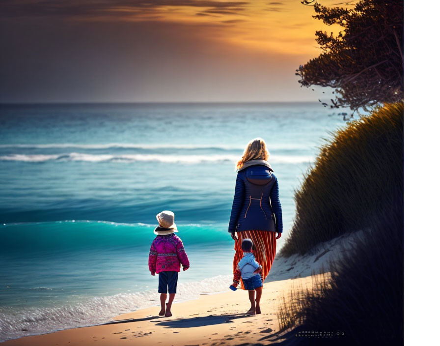 Woman and children walking on beach at sunset with gentle waves and warm sky glow